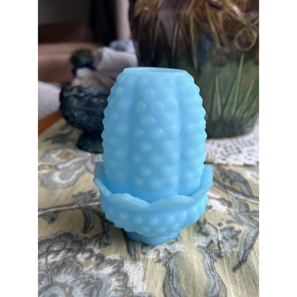 Vintage Fenton Blue Satin Milk Glass Hobnail Fairy Lamp 2 Pc Original Sticker